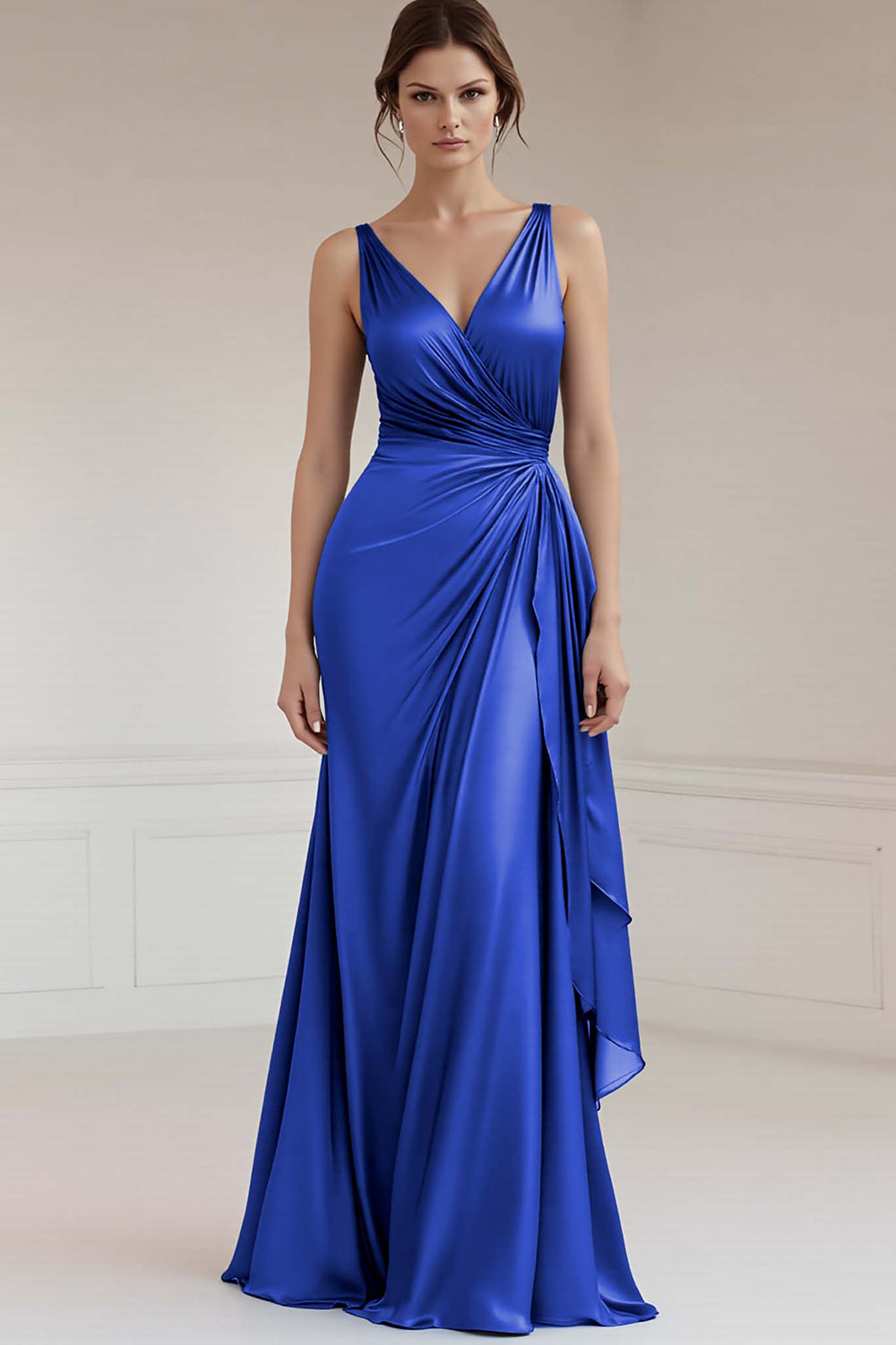 Peacock Sheath Satin V-Neck Long Formal Dress