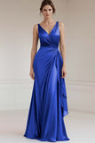 Peacock Sheath Satin V-Neck Long Formal Dress
