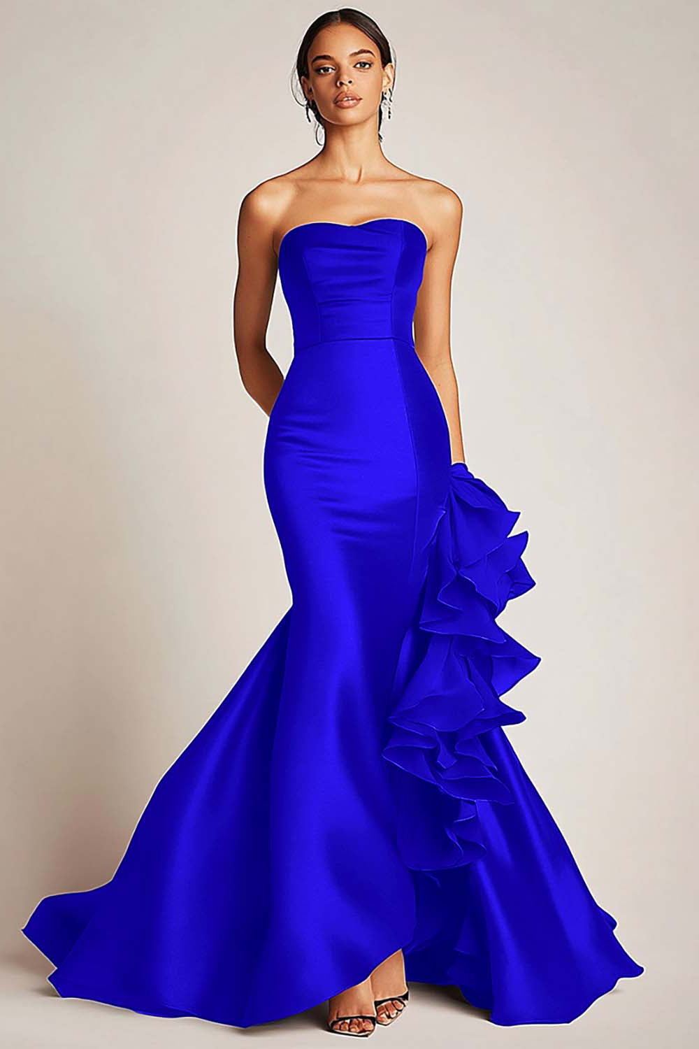 Satin Mermaid Long Strapless Formal Dress with Ruffles