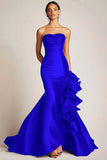 Satin Mermaid Long Strapless Formal Dress with Ruffles