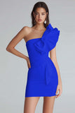 Ivory Satin One Shoulder Short Tight Graduation Dress with Ruffles