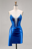 Sparkly Navy Corset Tight Satin Short Homecoming Dress with Beading