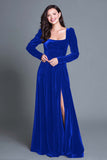 Burgundy A-Line Long Sleeves Velvet Long Holiday Party Dress with Slit