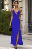 Black Deep V-Neck Satin Sheath Long Formal Dress with Slit