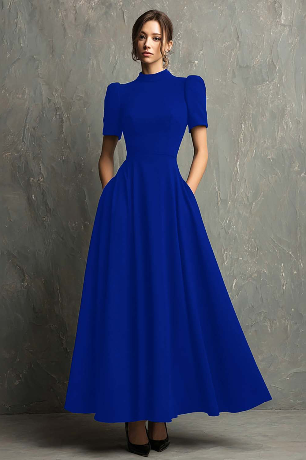 Black High Neck Short Sleeves A-Line Long Formal Dress with Pockets
