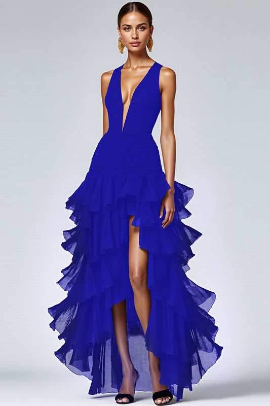 Royal Blue A Line Sleeveless V-Neck Tiered Long Formal Dress with Slit