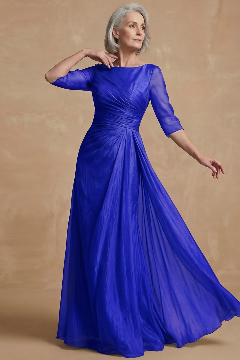 Dusty Sage Bateau Neck A Line Long Mother of the Bride Dress with Sleeves