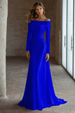 Ivory Satin Off The Shoulder Sweep Train Wedding Dress with Sleeves