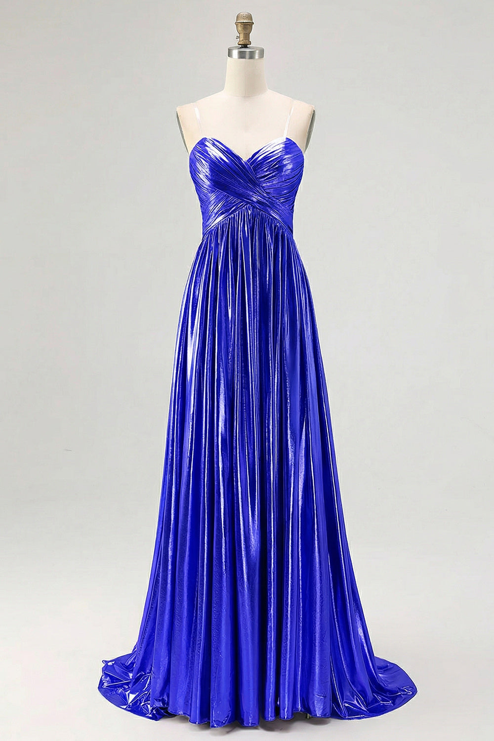 Chic Gold A Line Metallic Spaghetti Straps Pleated Long Prom Dress