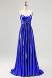 Chic Gold A Line Metallic Spaghetti Straps Pleated Long Prom Dress