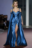 Golden Cold Shoulder Metallic Long Gala Dress with Slit