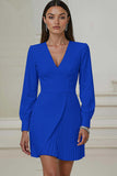 Ivory Pencil V-Neck Pleated Short Work Dress with Sleeves