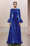 Dark Green Round Neck Velvet A Line Long Formal Dress with Sleeves