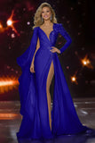 Sparkly White Mermaid Long Sleeves Pageant Dress with Slit