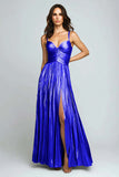 Silver Metallic Pleated Spaghetti Straps Long Formal Dress with Slit