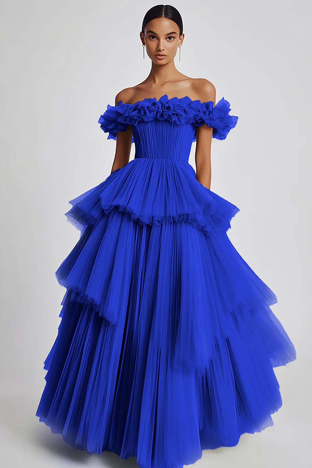 Dusty Sage Tulle Off the Shoulder Long Formal Dress with Ruffles