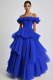 Dusty Sage Tulle Off the Shoulder Long Formal Dress with Ruffles