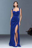 Burgundy Velvet Ruched Long Holiday Party Dress with Slit