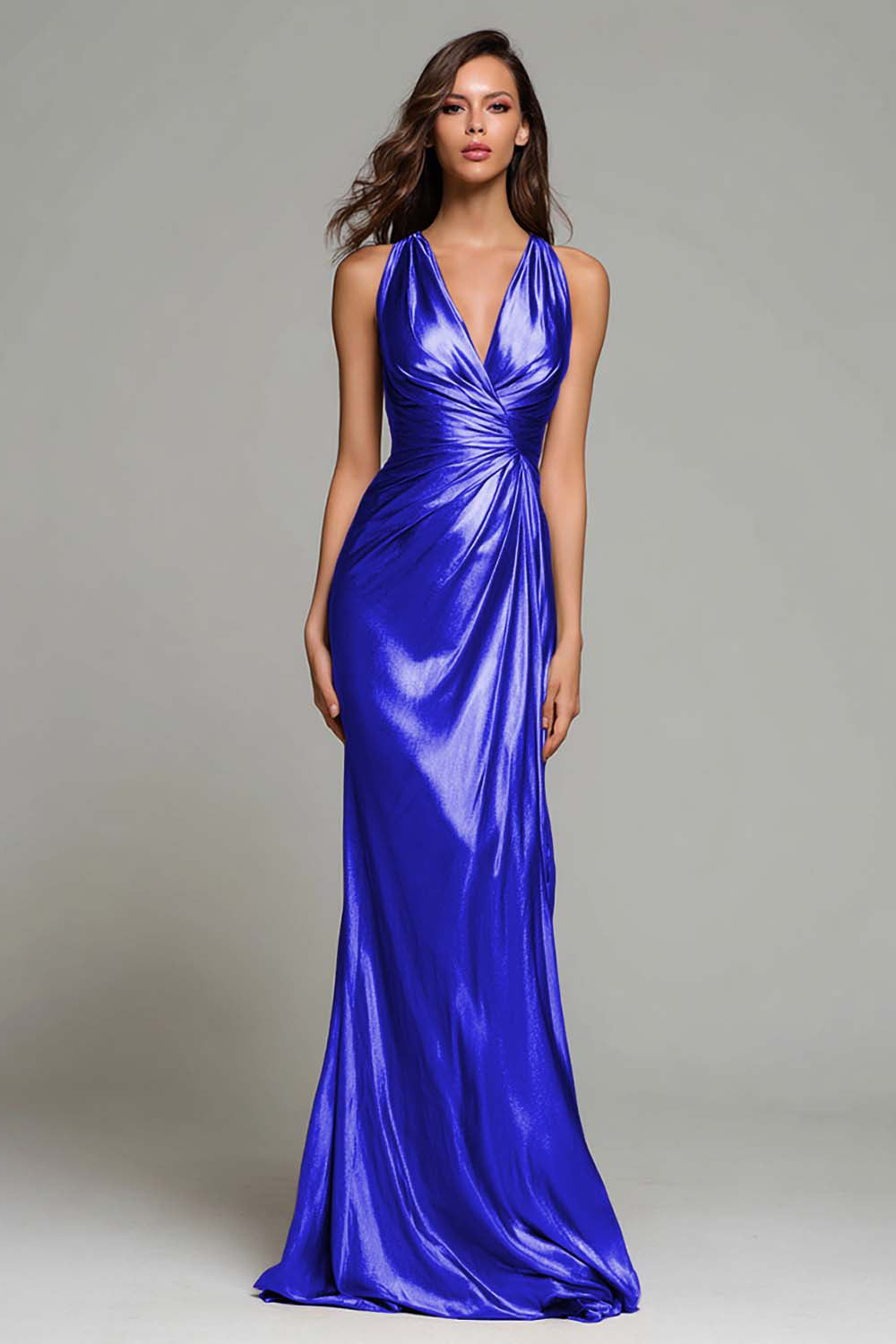 Sparkly Gold Metallic Ruched V-Neck Mermaid Long Formal Dress