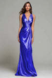 Sparkly Gold Metallic Ruched V-Neck Mermaid Long Formal Dress