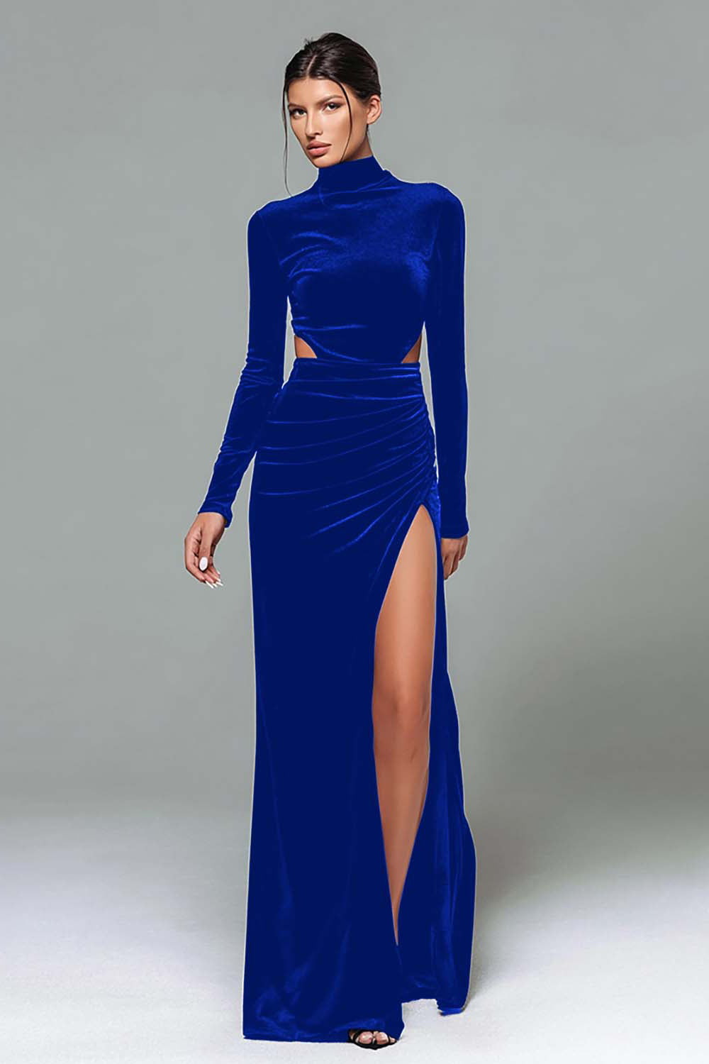 Black Velvet High Neck Sheath Long Sleeves Holiday Party Dress with Slit