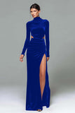 Black Velvet High Neck Sheath Long Sleeves Holiday Party Dress with Slit