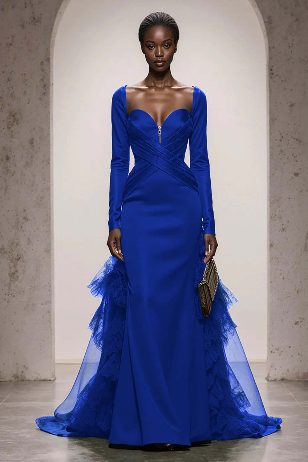 Dark Green Satin Mermaid Sweetheart Long Sleeves Formal Dress with Ruffles