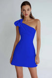 Ivory Satin One Shoulder Short A Line Graduation Dress with Bow