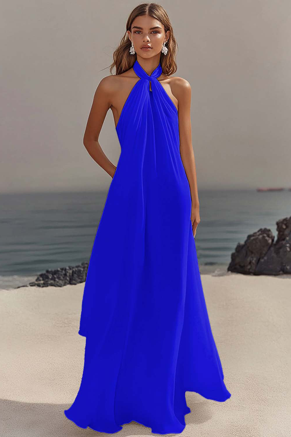 a-line/princess sleeveless halter chiffon floor-length two piece dresses A-line Princess Dress Sleeveless Chiffon Crystal Floor Dress OKBBN Dress