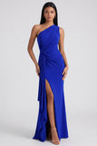 Ruched Long Mermaid Burgundy One Shoulder Formal Dress with Ruffles