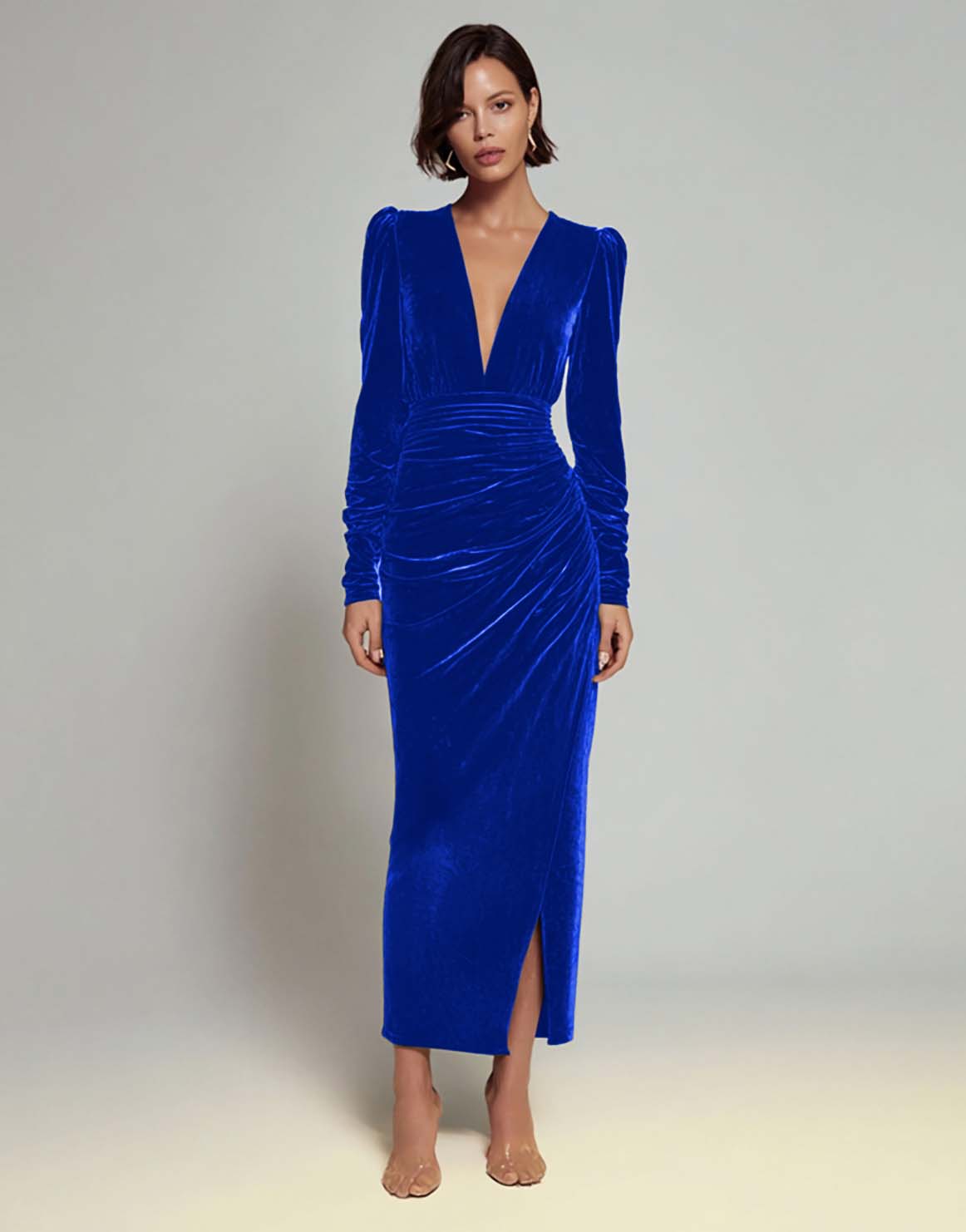Olive Sheath Velvet Deep V-Neck Long Holiday Party Dress with Sleeves