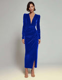 Olive Sheath Velvet Deep V-Neck Long Holiday Party Dress with Sleeves
