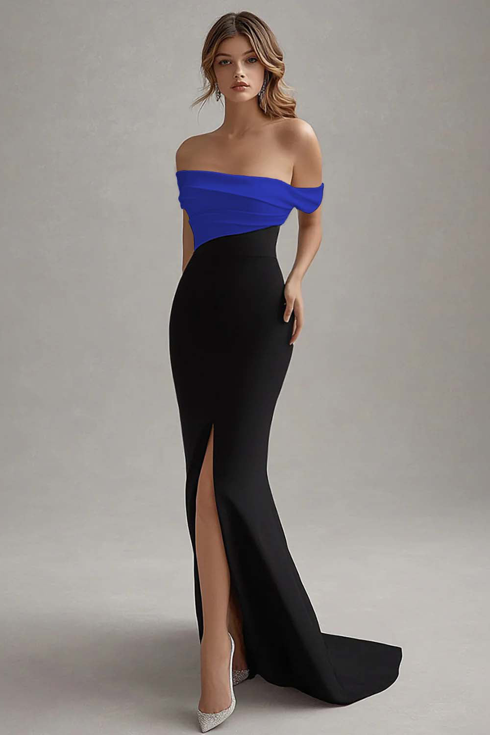 Black White Long Off the Shoulder Sheath Black Tie Dress with Slit