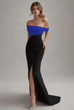 Black White Long Off the Shoulder Sheath Black Tie Dress with Slit