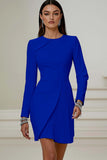 Ivory Pencil Pleated Round Neck Short Work Dress with Sleeves