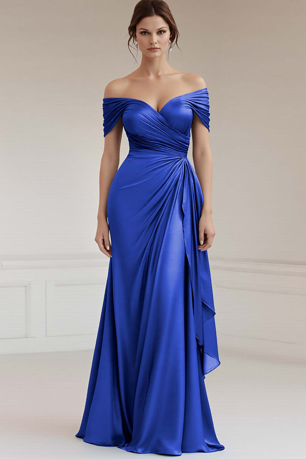 Peacock Satin Off the Shoulder Long Sheath Formal Dress