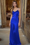 Royal Blue Satin Spaghetti Straps Long Sheath Formal Dress