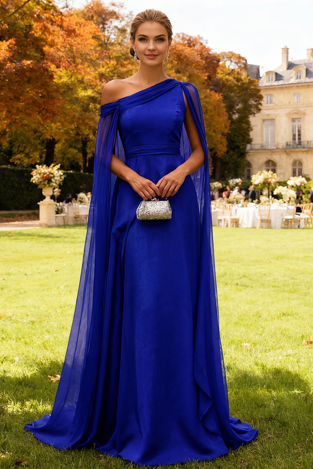 Dark Green One Shoulder Chiffon Long Wedding Guest Dress with Cape