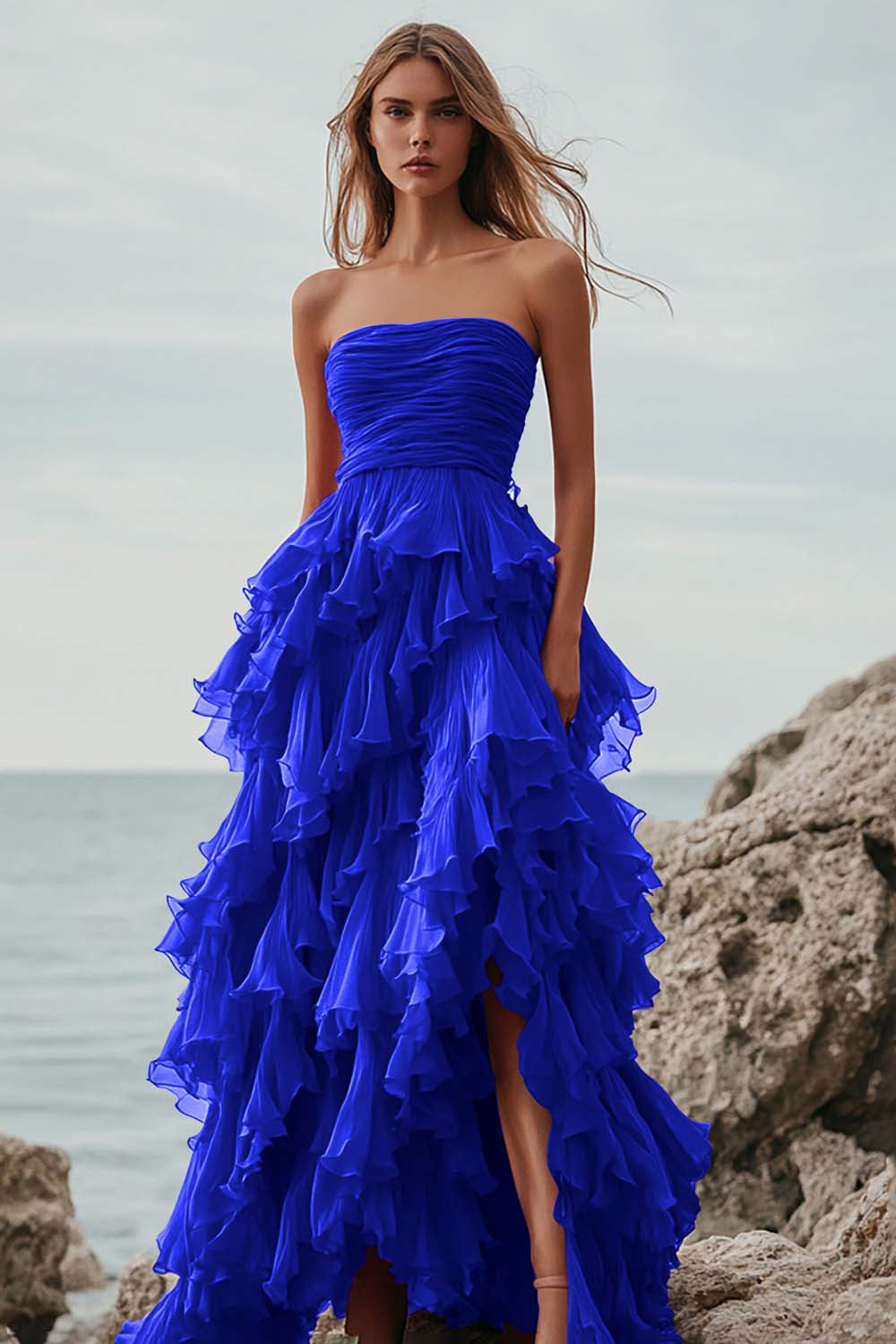 ZAPAKASA Women Fuchsia Tulle Long Prom Dress with Ruffles A Line Strapless Ruched Tiered Formal Dress ZAPAKASA Women Fuchsia Tulle Long Prom Dress with Ruffles A Line Strapless Ruched Tiered Formal Dress