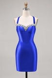 Sparkly Dark Green Corset Tight Satin Short Homecoming Dress with Beading