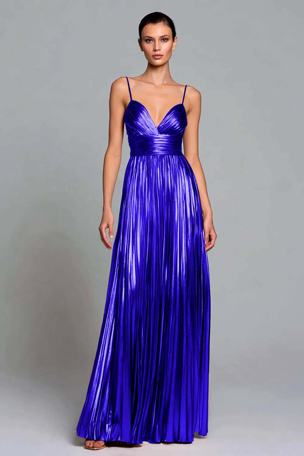 Sparkly Gold A-Line Metallic Pleated Spaghetti Straps Long Formal Dress