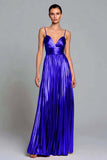 Sparkly Gold A-Line Metallic Pleated Spaghetti Straps Long Formal Dress