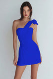 Ivory One Shoulder Satin Ruched Short Tight Graduation Dress with Bow