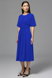 Navy Satin A Line Scoop Neck Midi Work Dress