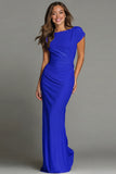 Navy Mermaid Boat Neck Long Formal Dress with Sleeves