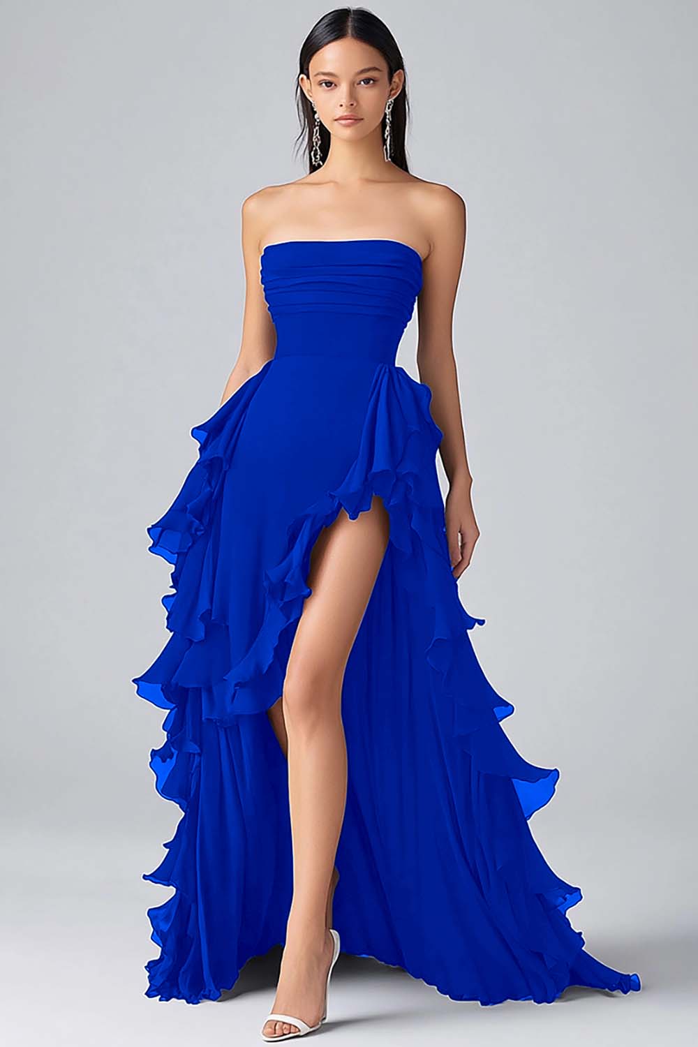 Tiered Long Black Strapless Chiffon Formal Dress with Slit