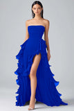 Tiered Long Black Strapless Chiffon Formal Dress with Slit