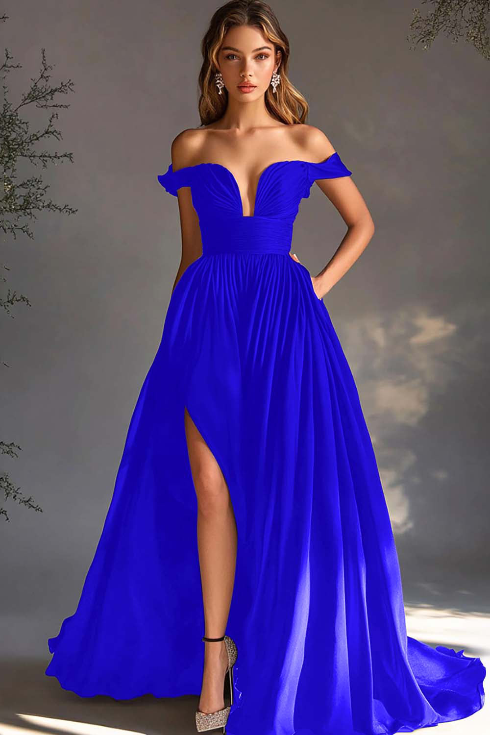 A Line Chiffon Pleated Long Off the Shoulder Formal Dress with Slit