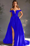 A Line Chiffon Pleated Long Off the Shoulder Formal Dress with Slit