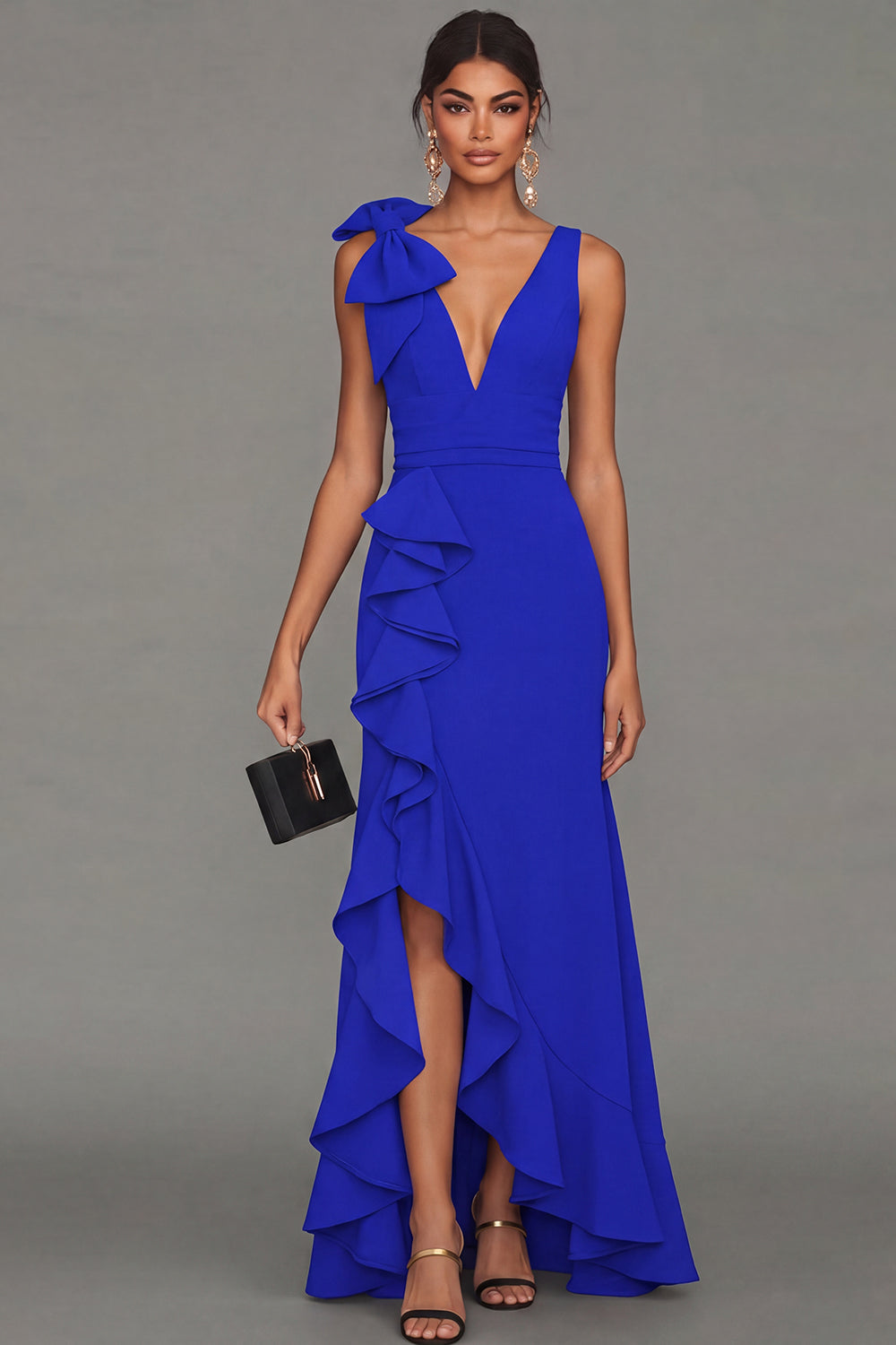 Black V-Neck Long Formal Dress with Ruffles
